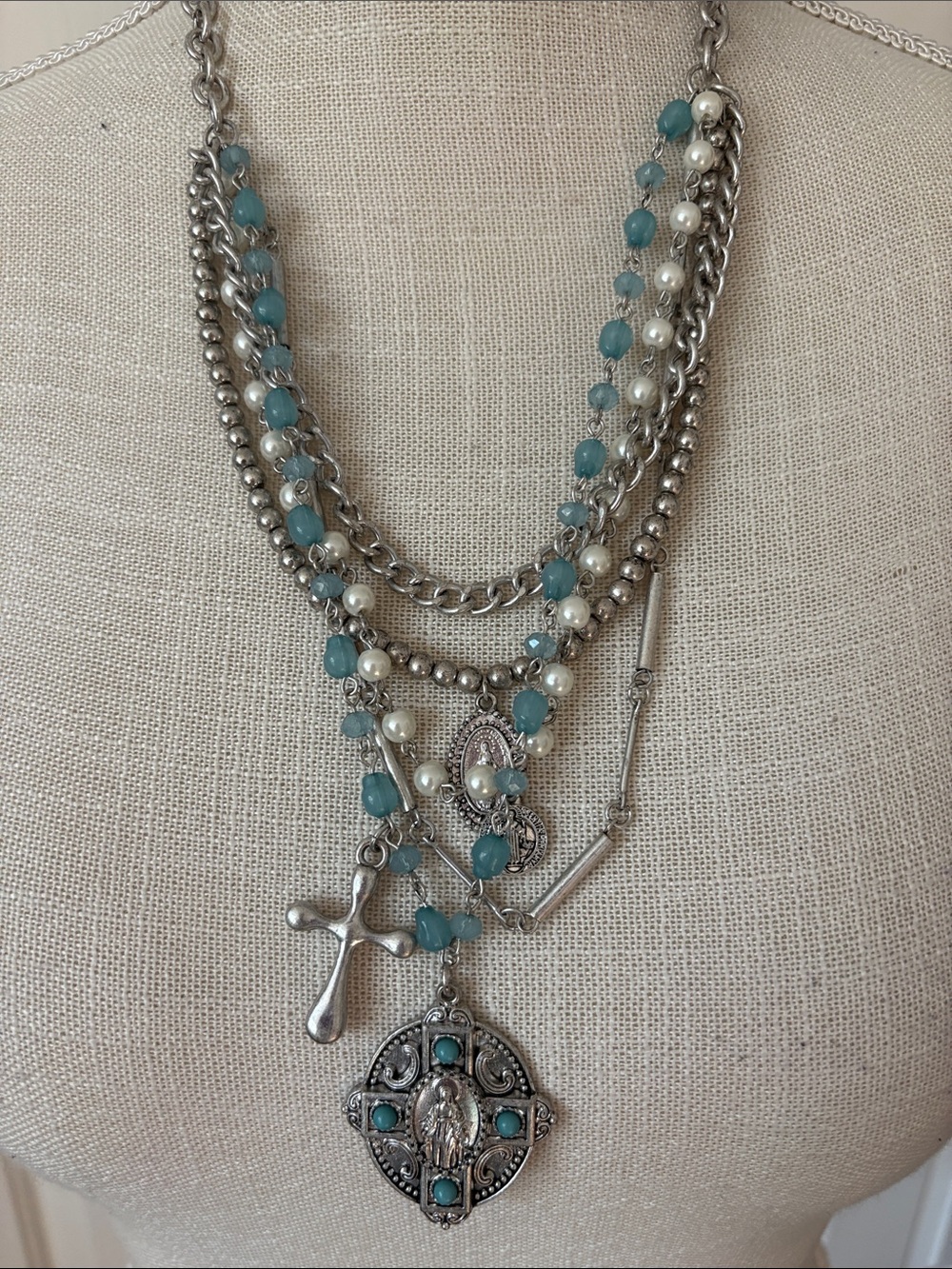 Multi-Tier Silver Tone Necklace w/beads & Cross Pendant